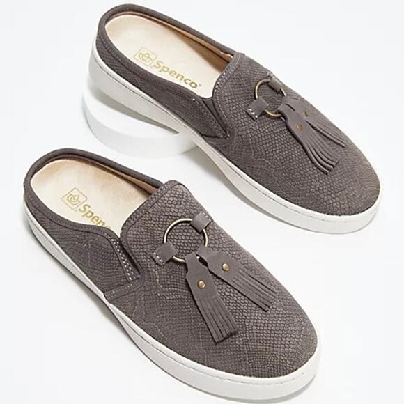 Spenco | 7.5D Bindie Orthotic Gray Snake Skin Embossed Suede Slip-on Slide Clogs - Picture 13 of 13